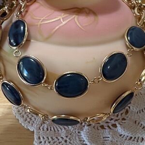 S95 Talbots Elegant Gold and Blue Oval Link Necklace